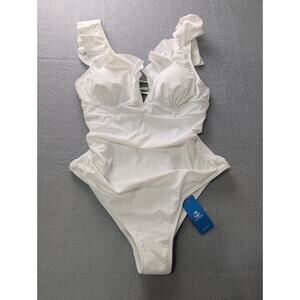 Cupshe White Ruffle One Piece Swimsuit Large L Ribbed Lace Up Back V-Neck NWT